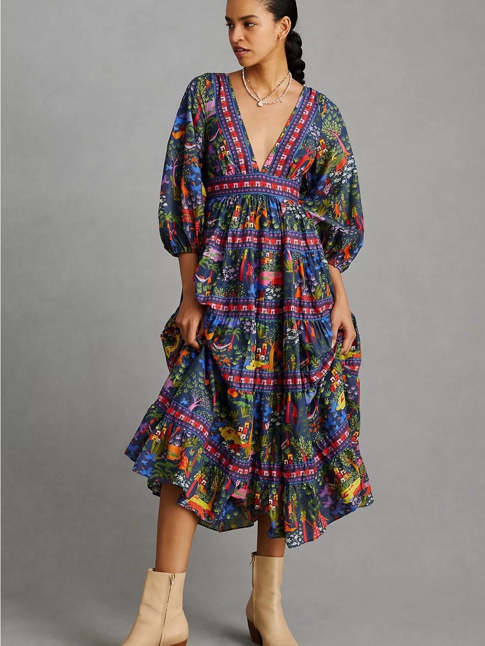 Farm Rio Utopia Puff Sleeve Tropical Midi Tier Dress NEW - Picture 5 of 11